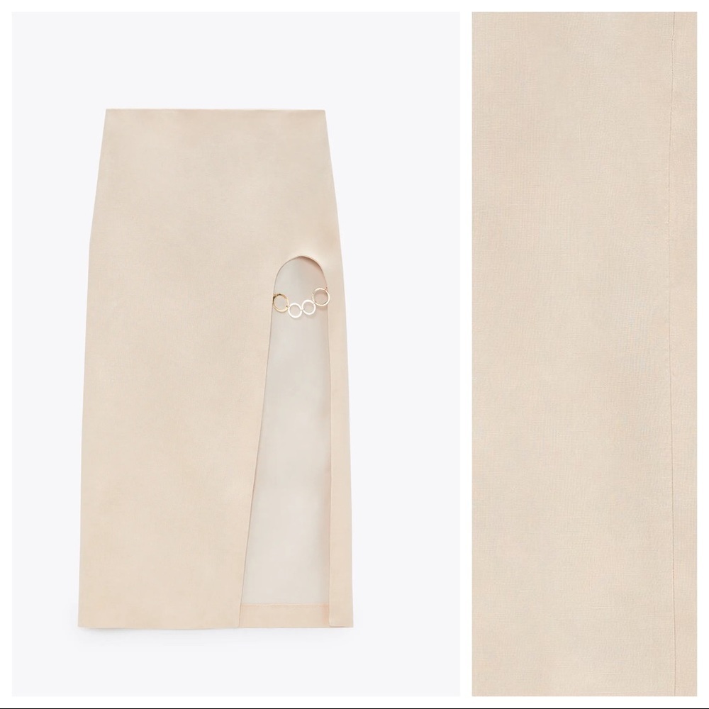 NWT. Zara 100% Linen Cream Cut out High-waist Midi Skirt. Size XS, S, M, L. - Picture 6 of 7
